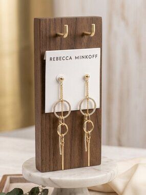 Rebecca Minkoff Gold Tone Rhinestone Crystal Circle & Bar Linear Dangle Earrings